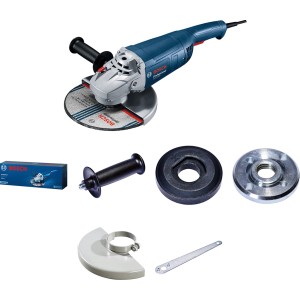 Bosch sarokcsiszoló tartozékokkal, ideális csiszolási munkákhoz.