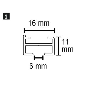 A Gardinia Lucy függönysín keresztmetszete, fehér sín 16x11x6 mm-es méretekkel.